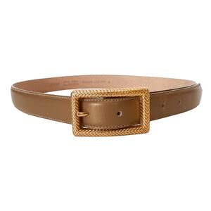 Vintage 80s Genuine Leather Belt Gold Metallic Rectangle Braided Buckle Womens M